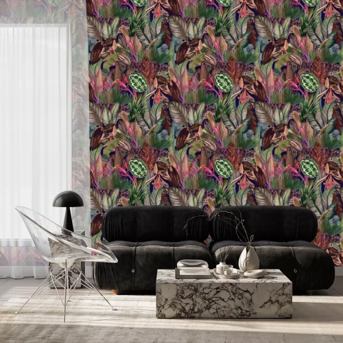 Behang Waterverf patroon - wilde kat tussen tropische bladeren