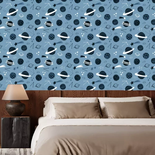 Behang Space hand drawn seamless pattern with planets, stars, comets,  constellations. Scandinavian design style. Space background for textile, fabric etc. Vector illustration