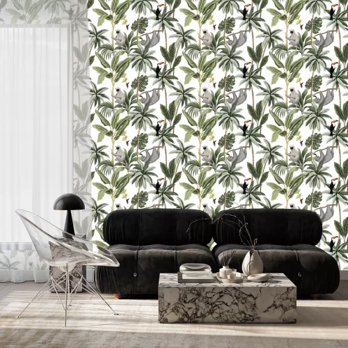 Behang Exotische dieren die op palmbomen zitten