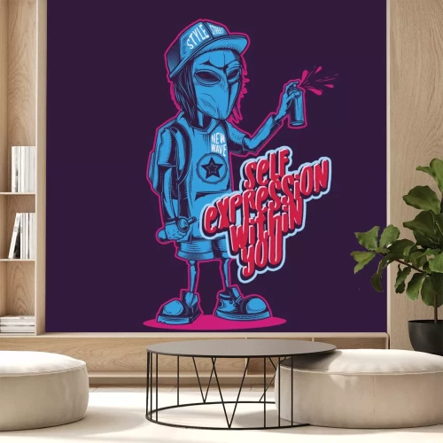 Sticker Neon Alien with a can of paint in his hands. Vector illustration in retro style. Design for stickers or t-shirt.
