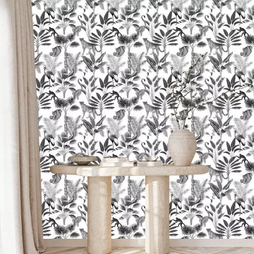 Behang Zwart-witte dieren op tropische bomen