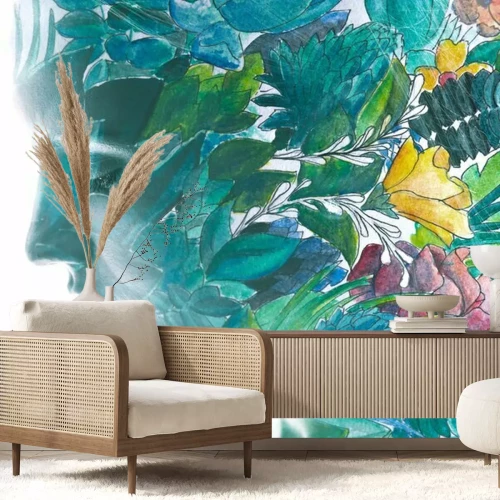 Fotobehang Portret van een vrouw met bladeren in haar haar