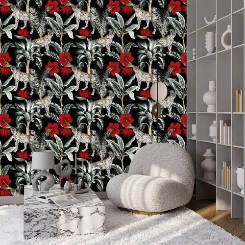 Behang Tropical vintage botanical banana tree, palm tree, red hibiscus flower and leopard floral green palm leaves seamless pattern black background. Exotic jungle wallpaper.
