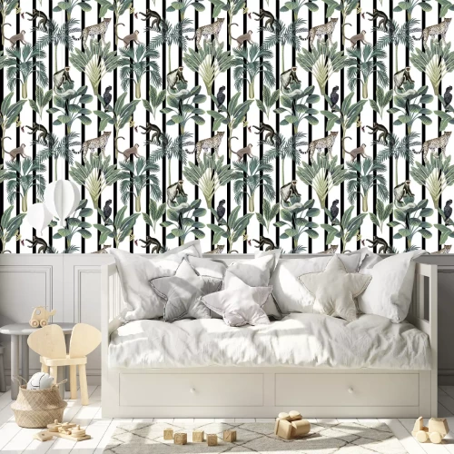 Behang Tropische dieren en planten op een gestreepte achtergrond