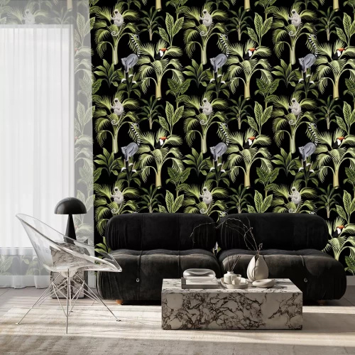 Behang Dieren op exotische bomen op een zwarte achtergrond