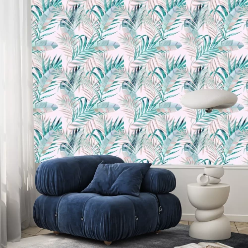 Behang Pastelcompositie met exotische bladeren