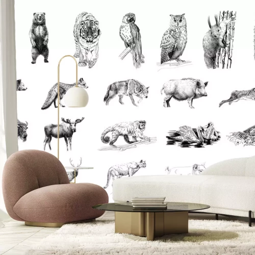 Sticker Zwart-witte dieren realistische tekeningen