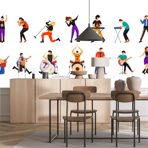 Sticker Rock musicians flat vector illustrations set. Music band members. Guitarists, drummers, lead vocalists, keyboardists. People playing musical instruments. Isolated cartoon characters