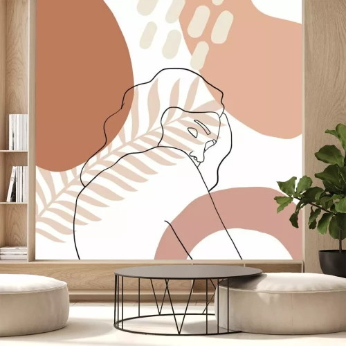 Fotobehang Het gezicht van een vrouw is geschilderd met één lijn en pasteltinten.