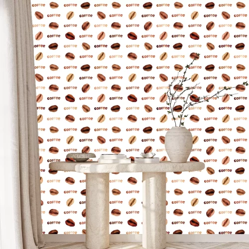Behang Vector watercolor illustrated and painted brown coffee beans and lettering pattern set