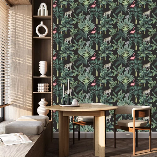 Behang Tropical vintage wild animals, flamingo, palm trees, banana tree floral seamless pattern dark background. Exotic botanical jungle wallpaper.