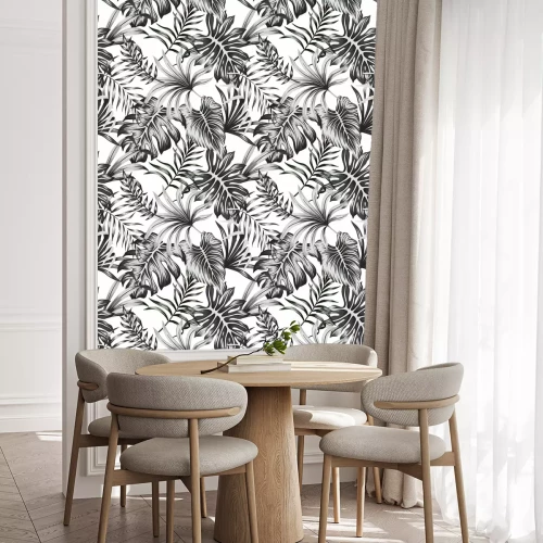 Behang Tropical black and white palm leaves seamless pattern white background. Exotic jungle wallpaper.