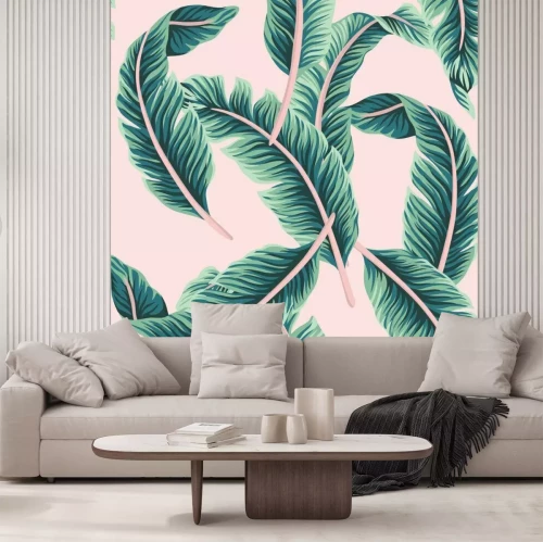 Fotobehang Palmbladeren op roze achtergrond