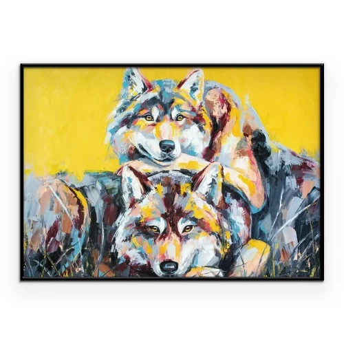 Poster Schilderij van wolven op een gele achtergrond