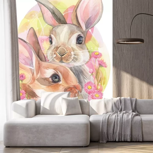 Sticker Aquarel paar konijnen tussen roze bloemen