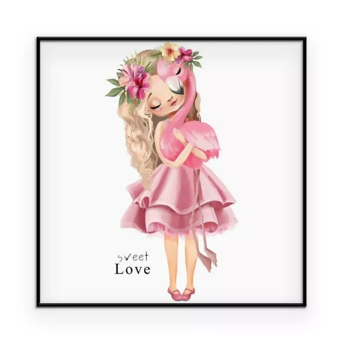 Poster Een meisje dat een flamingo knuffelt