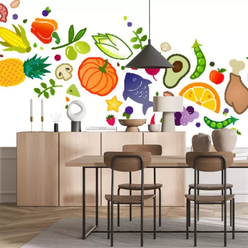 Sticker healthy, colorful & balanced diet, food icon banner: flat lay of cartoon foods and ingredients isolated on white – vector illustration