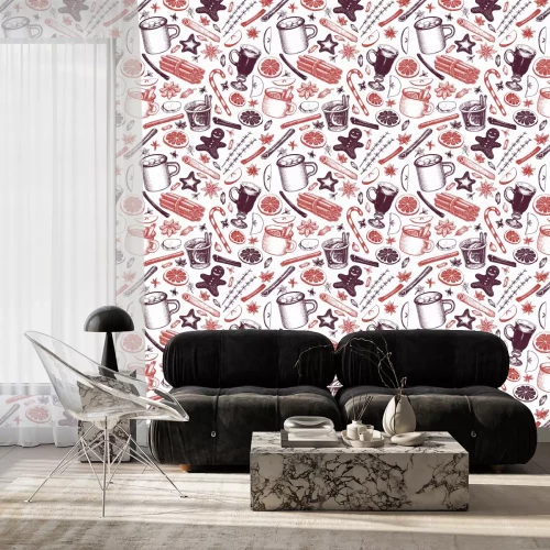 Behang Winter drinks vector seamless pattern. Hand drawn engraved style mulled wine, hot chocolate, spices illustrations. Vintage christmas background.