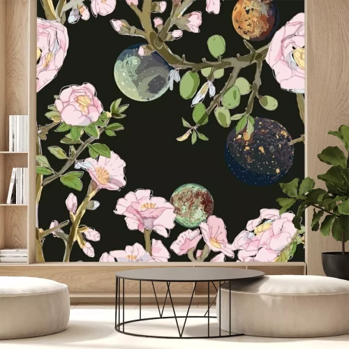 Sticker Four space planets and brunches pink flowers on a endless black background. Night moon's and roses seamless vector illustration.