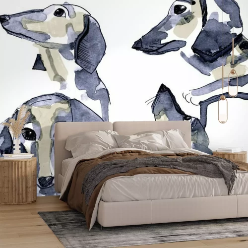 Fotobehang Teckels geschilderd in aquarel op witte achtergrond