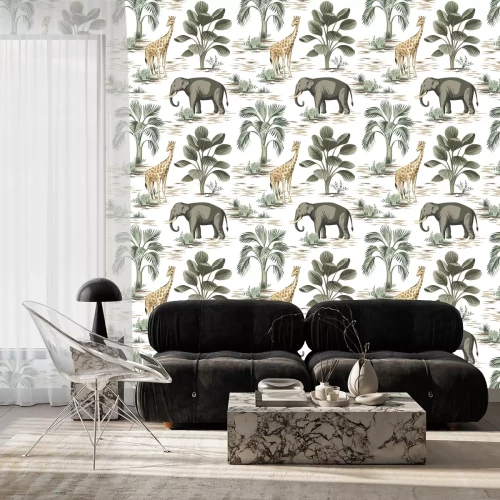 Behang Tropical vintage elephant, giraffe wild animals, palm tree and plant floral seamless pattern white background. Exotic jungle safari wallpaper.