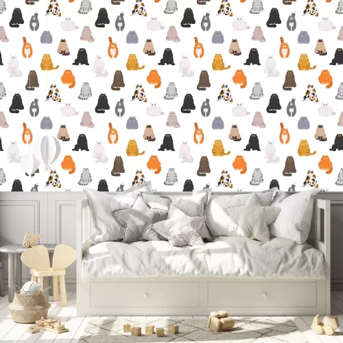 Behang Rood wit zwarte kat op witte achtergrond