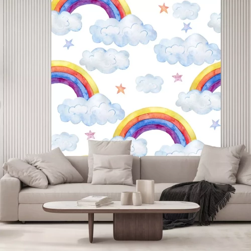 Sticker Aquarelpatroon met regenbogen tussen wolken