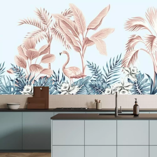 Fotobehang Turkoois en roze patroon met flamingo's