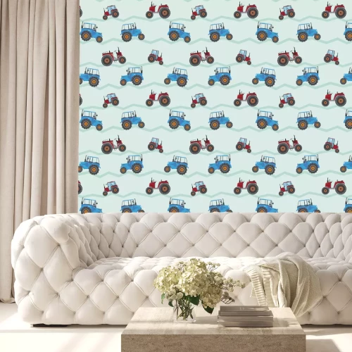 Behang A seamless pattern with farm tractors, a vector stock illustration with red and blue flat agricultural machines for printing