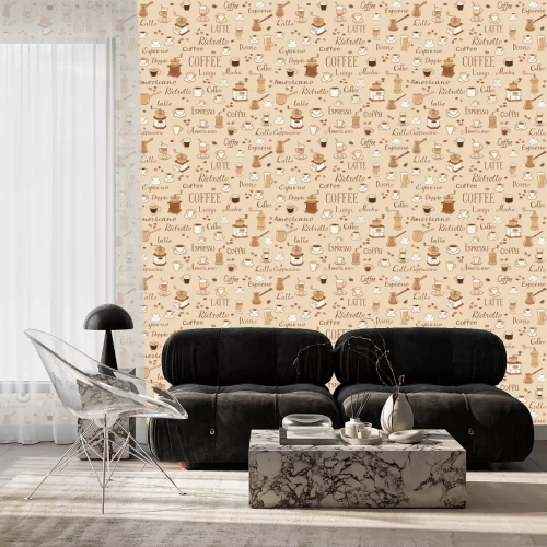 Behang Coffee seamless pattern. Drawings of cups, coffee grinders and inscriptions. The inscription latte, espresso, ristretto and americano. Decoration for wrappers, menus, wallpapers and kitchen