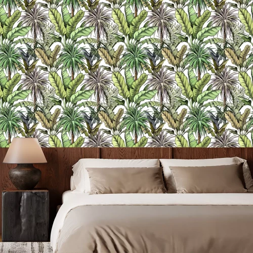 Behang Seamless pattern with green tropical trees. Yucca plants and large banana leaves. Hand drawn vector illustration.