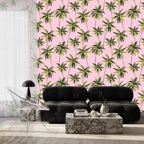 Behang Palmbomen op een roze achtergrond