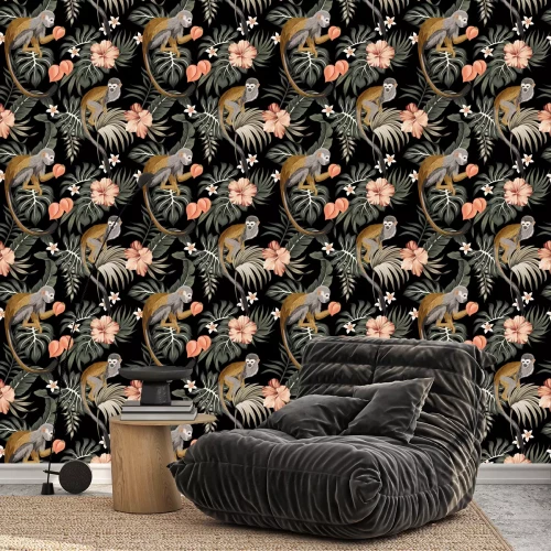 Behang Tropical vintage monkey animal, hibiscus flower, peach fruit, palm leaves floral seamless pattern black background. Exotic jungle wallpaper.
