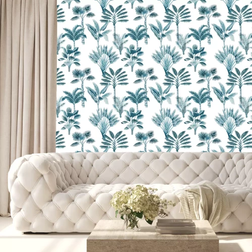 Behang Tropical vintage blue palm trees, banana tree floral seamless pattern white background. Exotic jungle wallpaper.