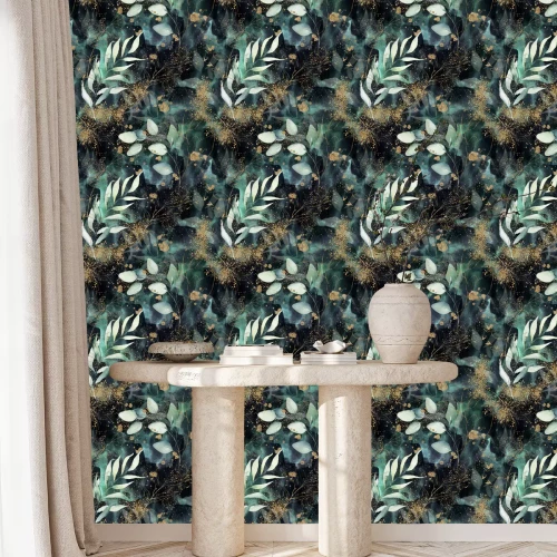 Behang Seamless pattern. Floral branch on gold, dark, navy, purple, emerald, green and turquoise watercolor texture design. Rough brush stroke. Illustration. Liquid, water, fluid, cloud, abstract background.