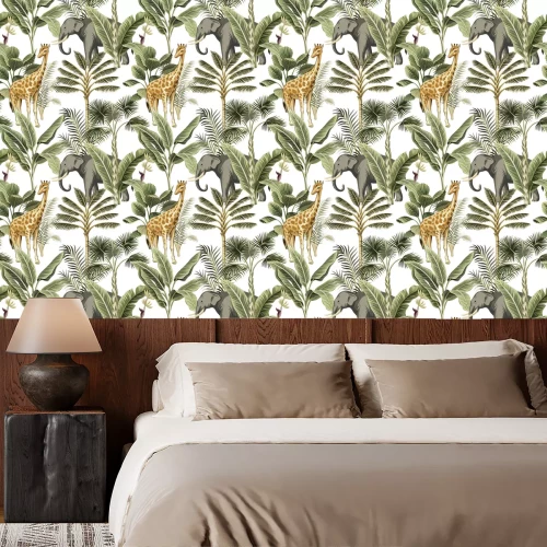 Behang Tropical vintage elephant, giraffe wild animals, palm tree and plant floral seamless pattern white background. Exotic jungle safari wallpaper.
