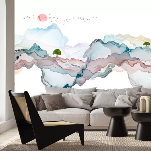 Sticker Abstract landschap met zee en bergen