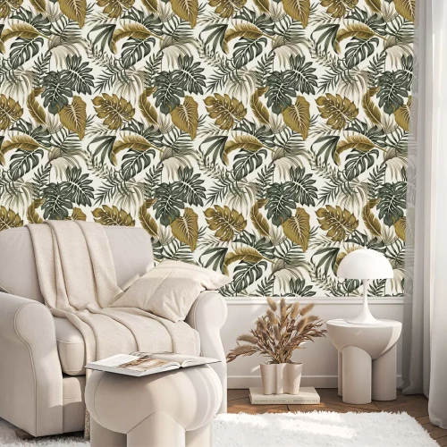 Behang Groene en beige bladeren uit de tropen