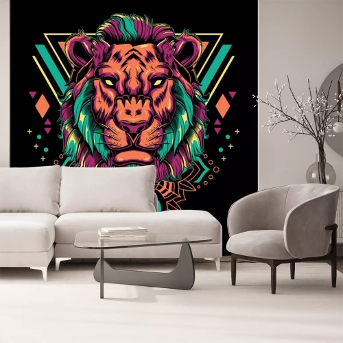 Sticker Modern lion head mandala geometry vector illustration on black background for t-shirt, sticker, posters. Animal tattoo style 