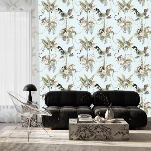 Behang Hawaiian vintage botanical palm tree,banana tree, palm leaves, hibiscus flower, liana, monkey animal summer paradise floral seamless pattern blue background.Exotic jungle wallpaper.