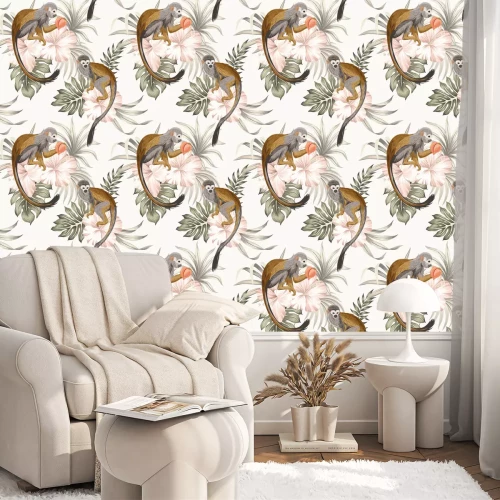 Behang Apen die op tropische bloemen zitten