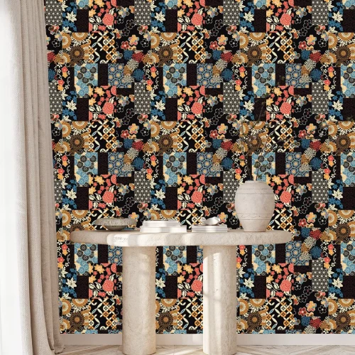 Behang Traditional Japanese textile fabric patchwork wallpaper  abstract floral vector seamless pattern