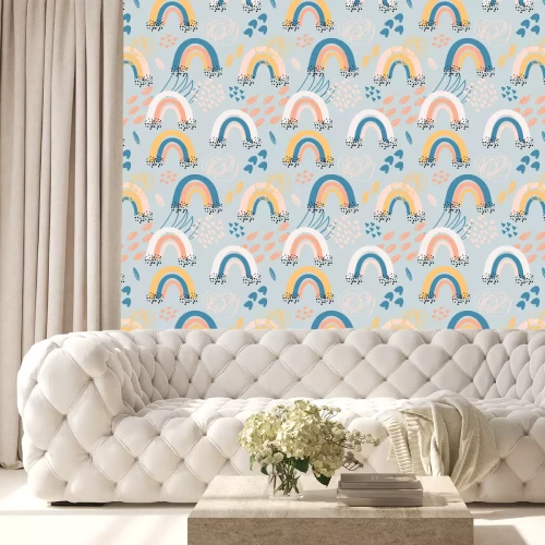 Behang Childish seamless pattern with hand drawn rainbow and doodle elements. Trendy kids background in cute pastel colors, raster version. Good for textile, wallpaper, surface decoration, baby products