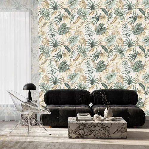 Behang Beige bladeren in boho-stijl