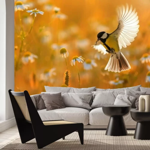 Fotobehang Madeliefjes en een vogel