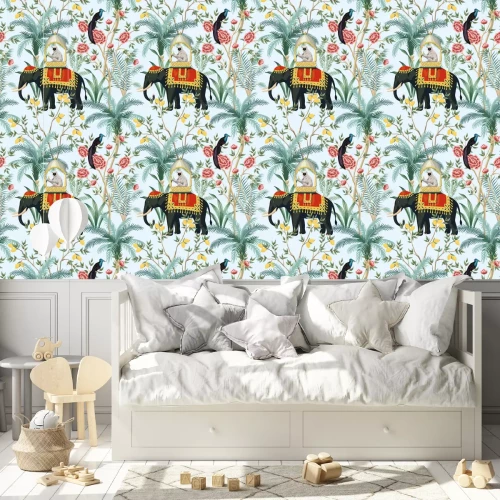 Behang Olifanten, apen en vogels met tropische planten