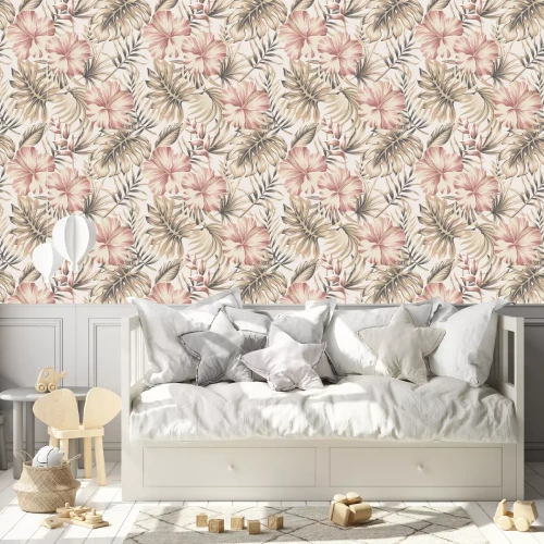 Behang Tropische bloemen en bladeren in vintage stijl