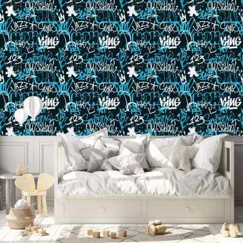 Behang Graffitiletters met een blauwe tint