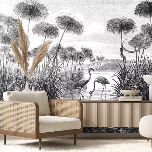 Sticker Flamingo's in water zwart-wit schets