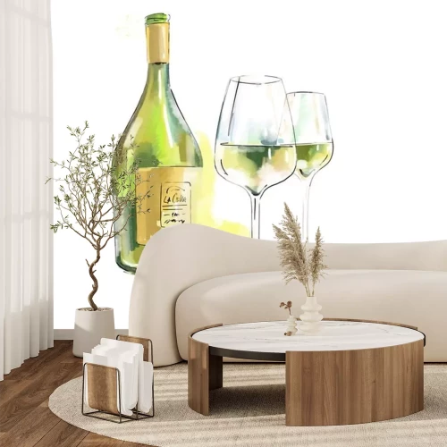 Sticker bottle and glass of white wine isolated